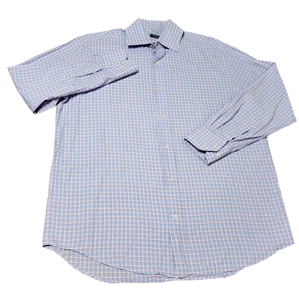 Saks Fifth Avenue Shirt Mens 16 Blue Pink Check Cotton Button Down Long Sleeve